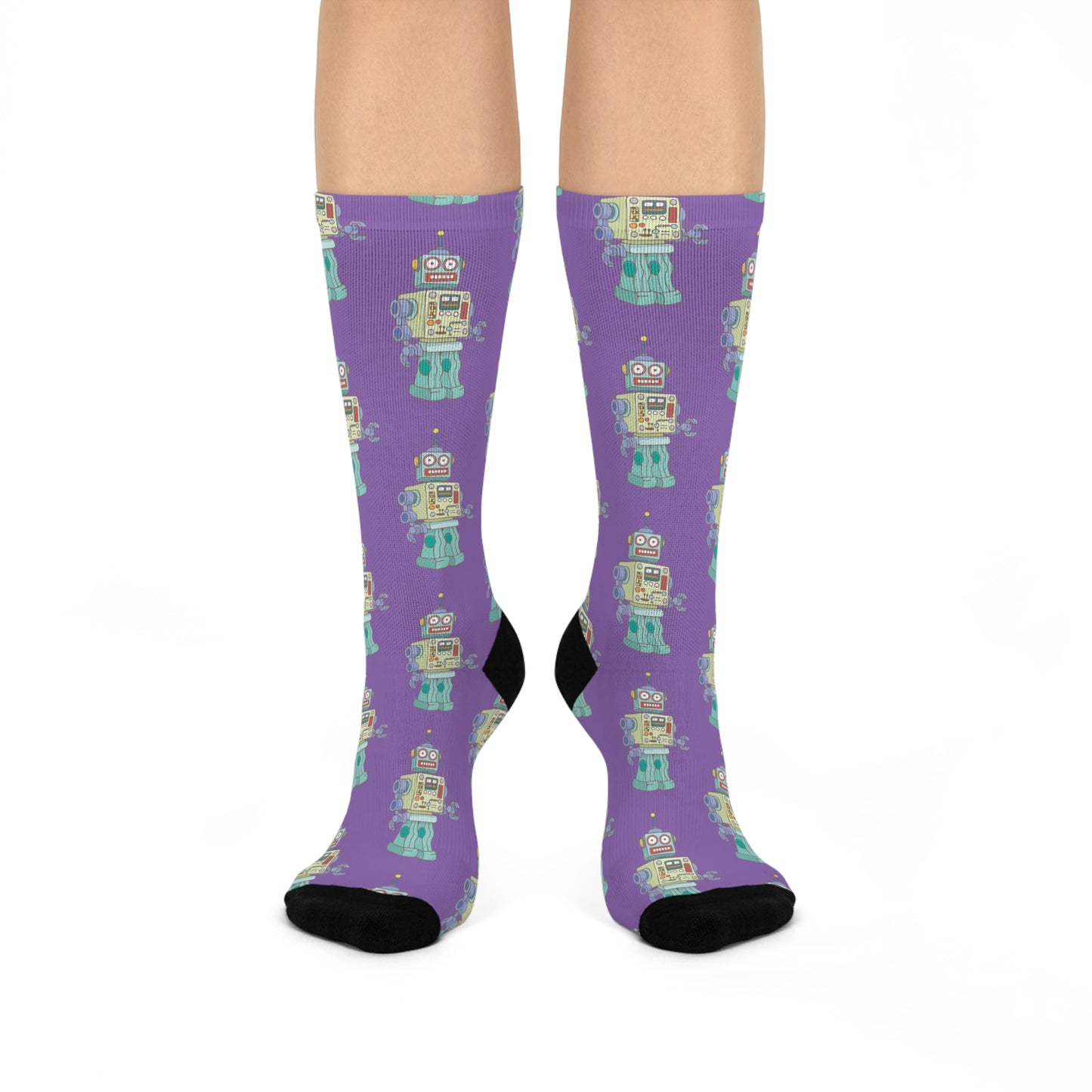 Robot Purple Cushioned Crew Socks with Robot Design Mens Womens Socks, Fun Novelty Footwear