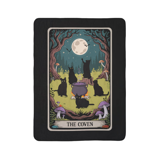 Magical Black Cats Coven Fleece Sherpa Blanket, Cozy Halloween Decor, Tarot Card Witchy Throw Blankets, Bedding Home Decor