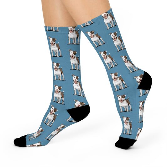 Pit Bull Terrier Dog Blue Cushioned Crew Socks, Cute Novelty Pitbull Dogs Pet Pattern Print Mens Womens Unisex Socks One Size