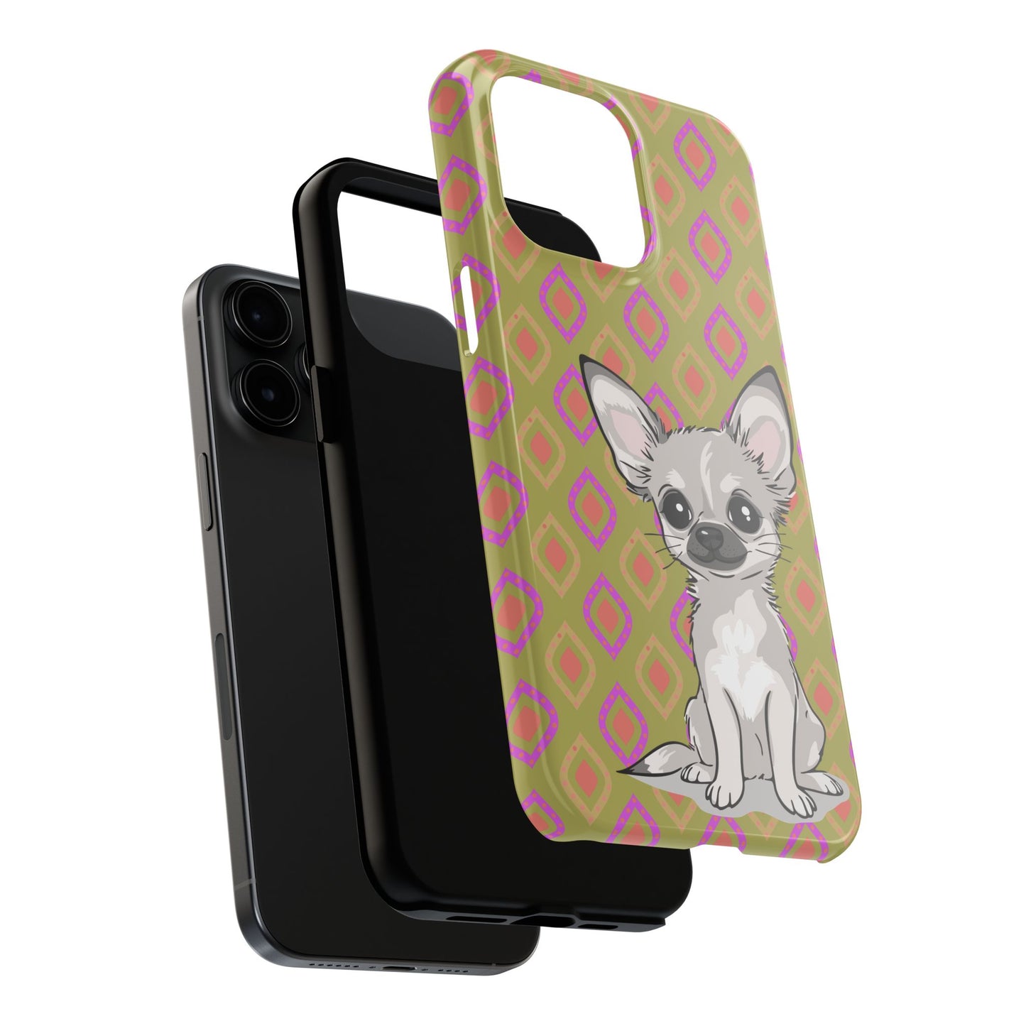 White Chihuahua Puppy Dog Phone Case, Tough Phone Cases Pet Dogs Retro Green  Pattern
