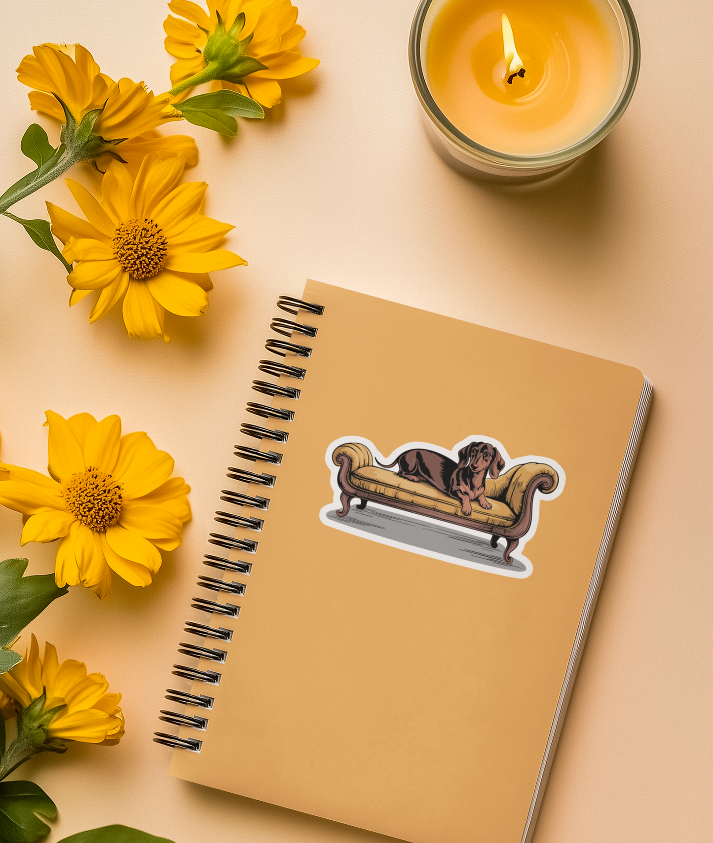 4" Dachshund Dog On Chaise Lounge Sticker - Brown Wiener Dogs Dachshunds Yellow Couch Waterproof Vinyl Decal Stickers