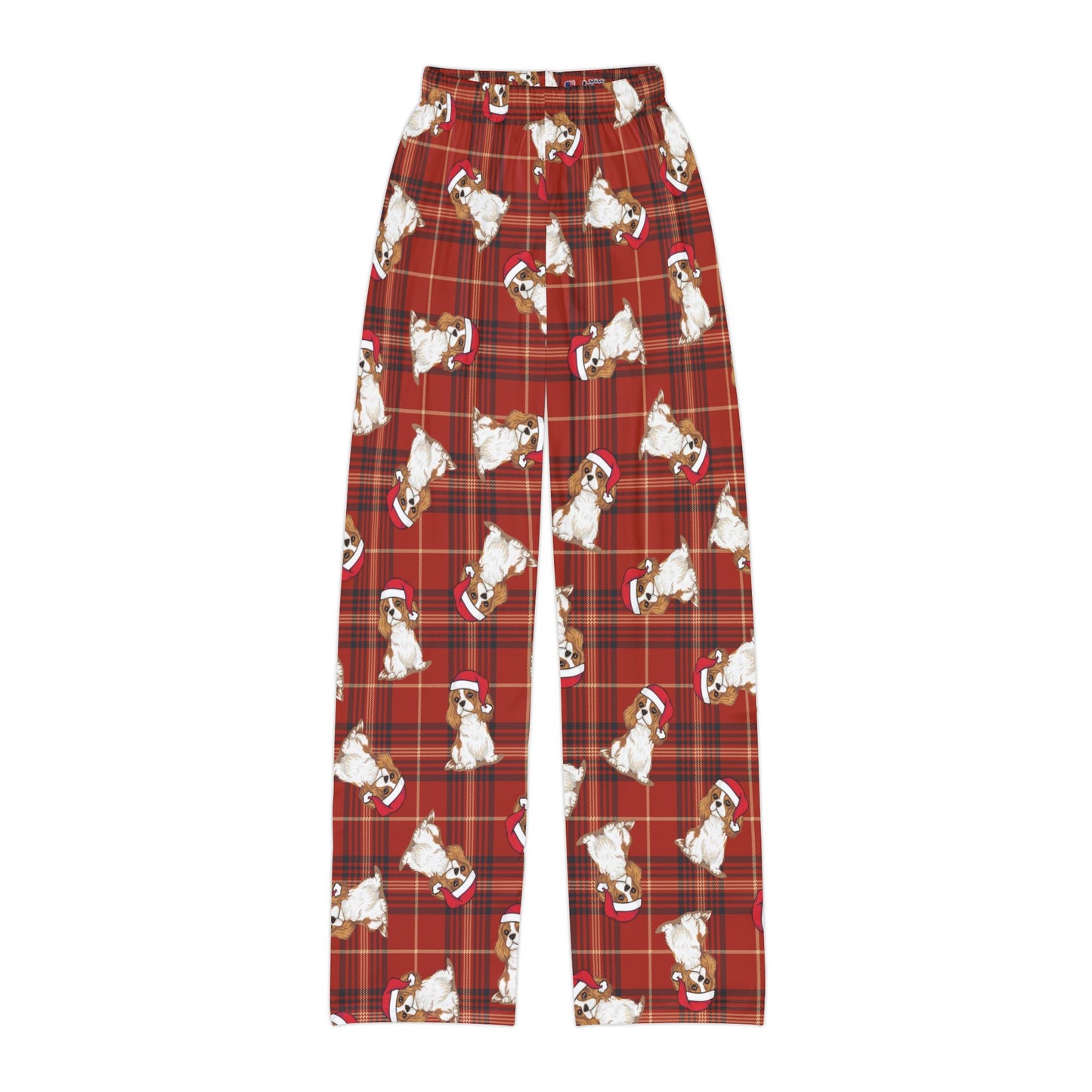 Kids Red Plaid Cavalier King Charles Spaniel Dog Christmas Pajama Pants, Santa Dogs PJ Bottoms, Kid's Holiday Sleepwear