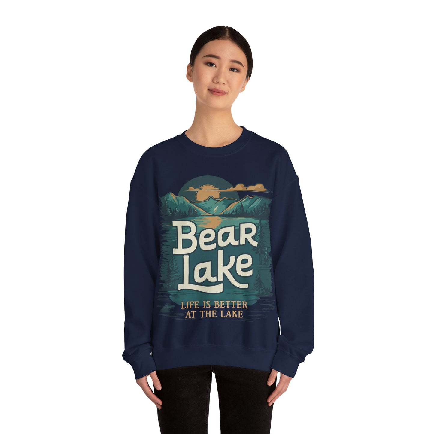 Bear Lake Scenic Mountain View Crewneck Sweatshirt with Utah Idaho Vacation Destination, Mens Womens Pullover Sweatshirts