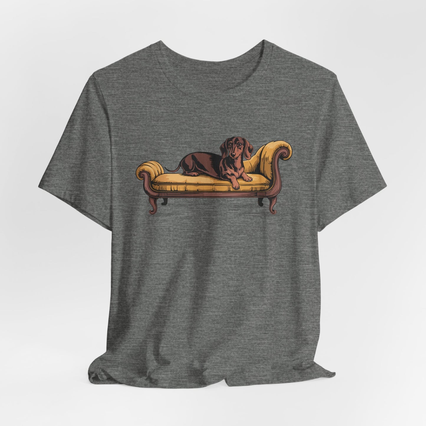 Dachshund Dog on Vintage Chaise Lounge T-Shirt | Wiener Dogs Sofa Illustration Short Sleeve Cotton Tee Shirts