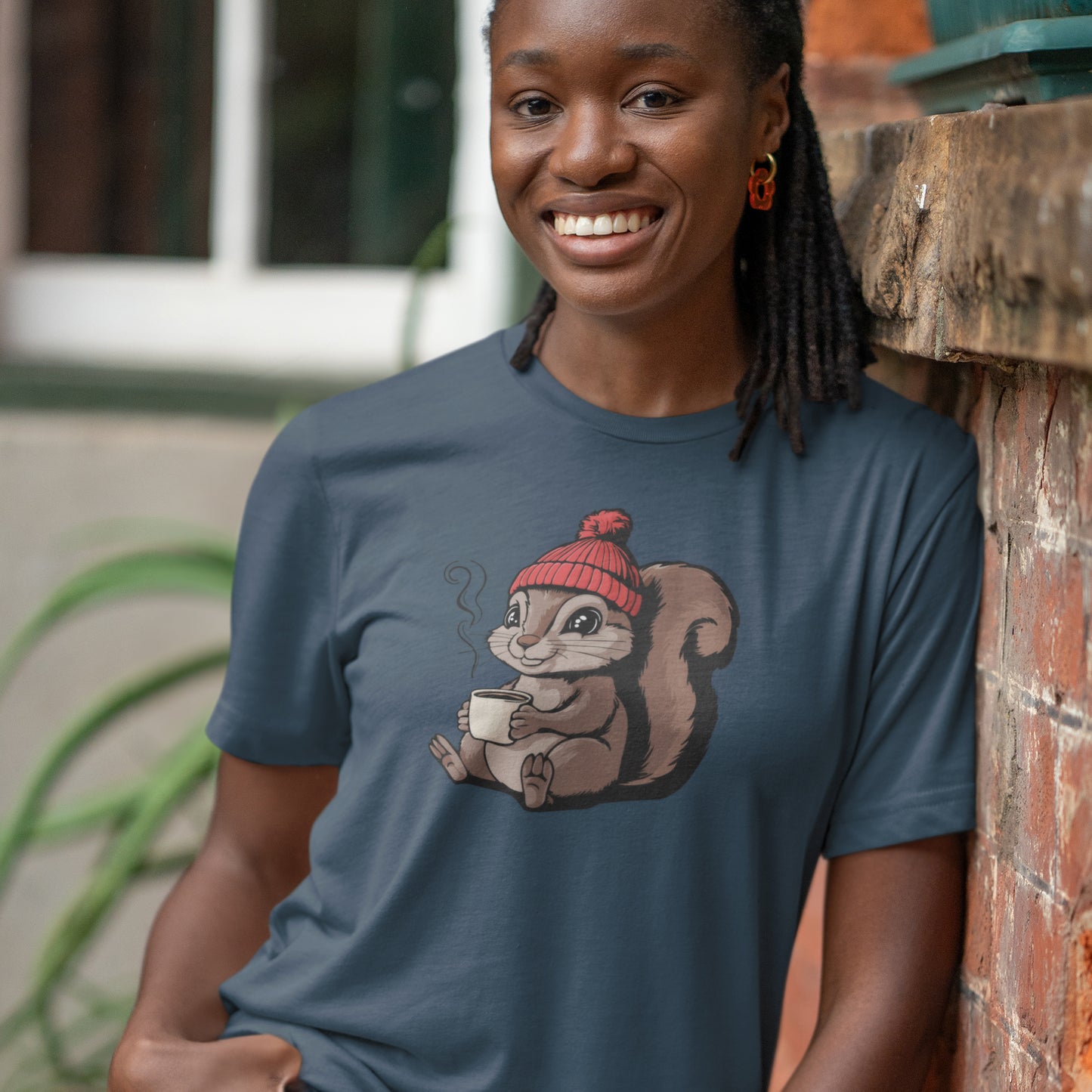 Cozy Squirrel Soft T-shirt Softstyle Tee with Squirrel in Beanie with Cup Of Coffee Graphic Print