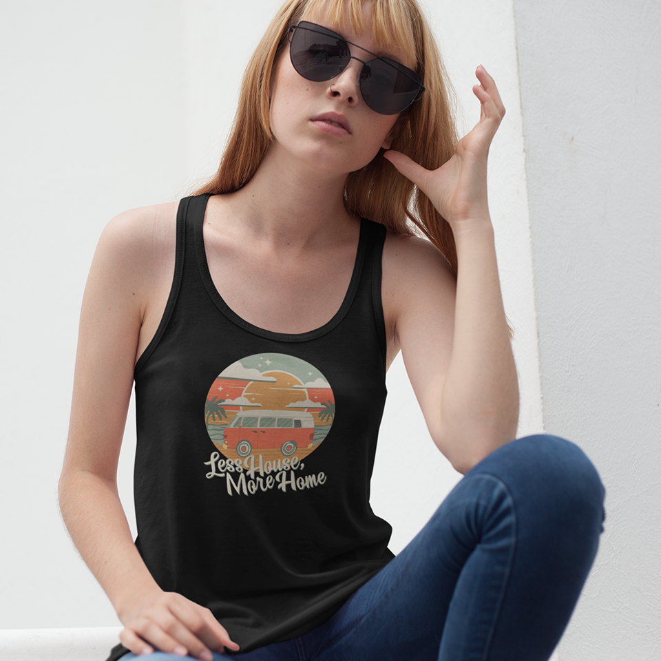 Less House, More Home Tiny Living Vanlife Nomad Vintage Camper Van Tank Top Women's Ideal Racerback Tank