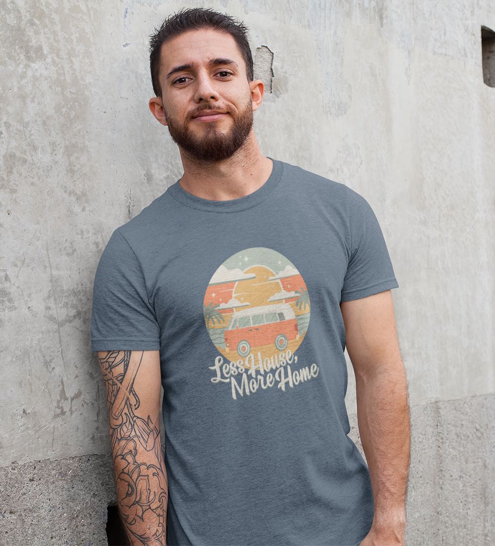 Less House, More Home Tiny Living Vanlife Nomad Vintage Camper Van Tishirt Jersey Cotton Short Sleeve Tee