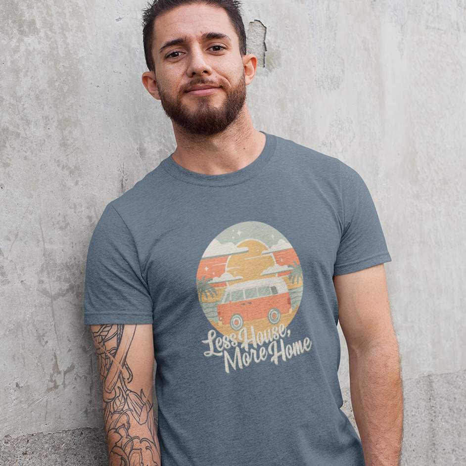 Less House, More Home Tiny Living Vanlife Nomad Vintage Camper Van Tishirt Jersey Cotton Short Sleeve Tee