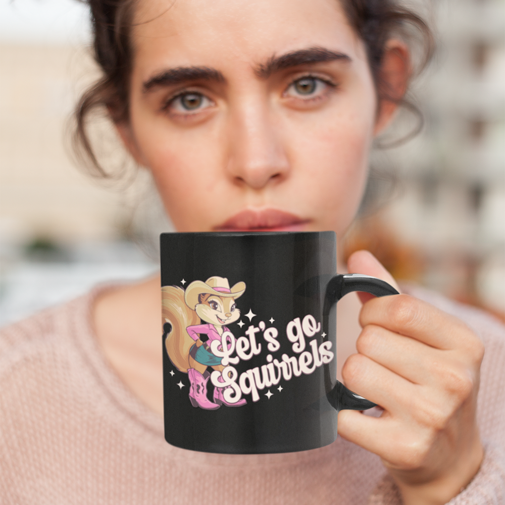 Let's Go Squirrels Black Ceramic Coffee Mug 11oz - Ceramic Mug with Fun Squirrel Print