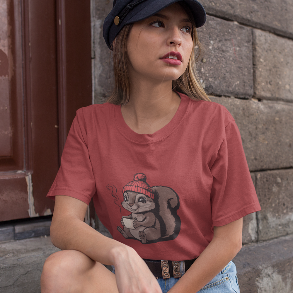 Cozy Squirrel Soft T-shirt Softstyle Tee with Squirrel in Beanie with Cup Of Coffee Graphic Print