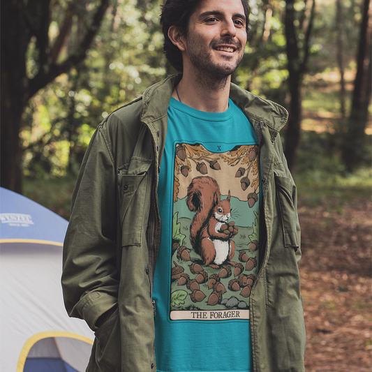 The Forager Squirrel Tarot Card T-shirt Softstyle Graphic Tee with Nut Foraging Squirrels Tarot Card Print