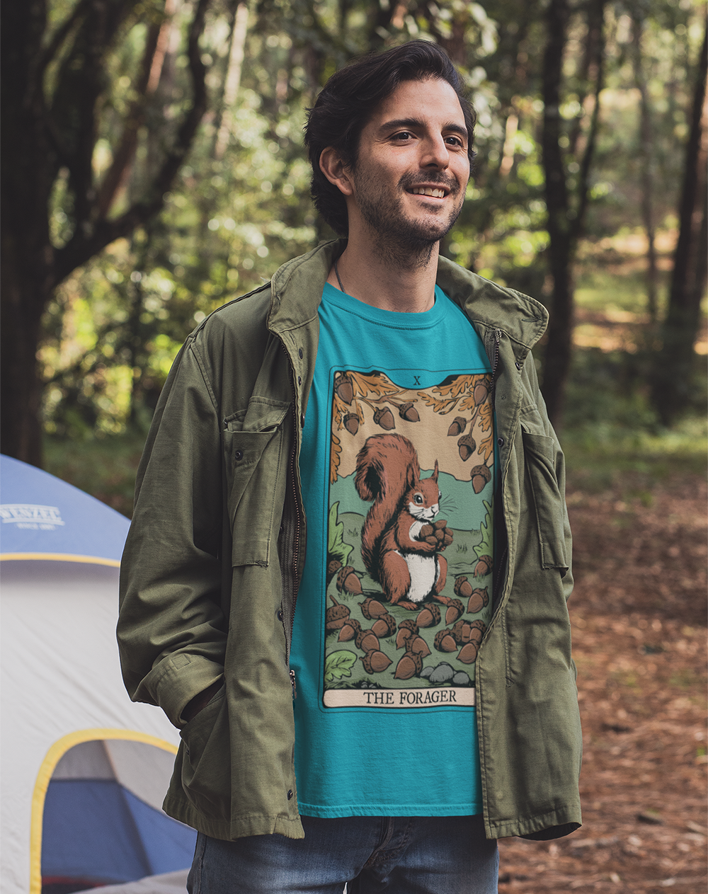 The Forager Squirrel Tarot Card T-shirt Softstyle Graphic Tee with Nut Foraging Squirrels Tarot Card Print