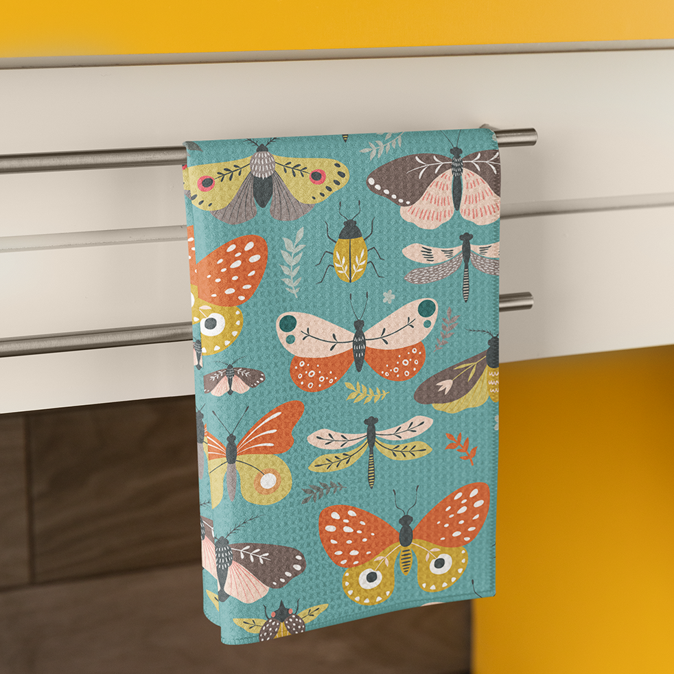 Flutter Frolic Moth, Butterfly, Dragonfly Bug Print Microfiber Tea Towel Cute Insect Kitchen Hand Towel