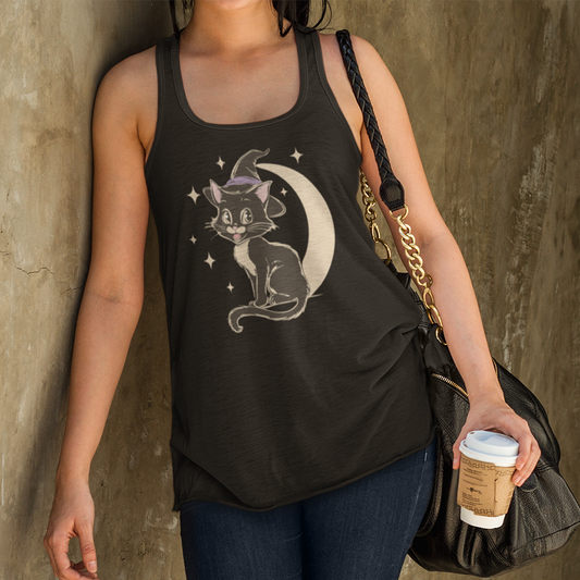 Witchy Kitty Women's Racerback Tank Top - Halloween Tank with Black Cat with Witch Hat & Crescent Moon Print