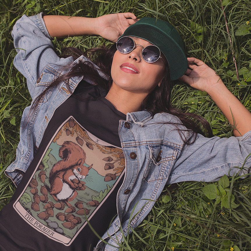 The Forager Squirrel Tarot Card T-shirt Softstyle Tee with Nut Foraging Squirrel Tarot Card Print