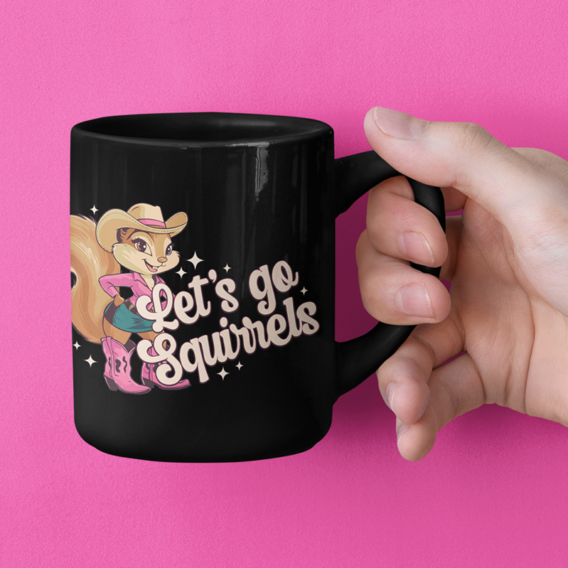 Let's Go Squirrels Black Ceramic Coffee Mug 11oz - Ceramic Mug with Fun Squirrel Print