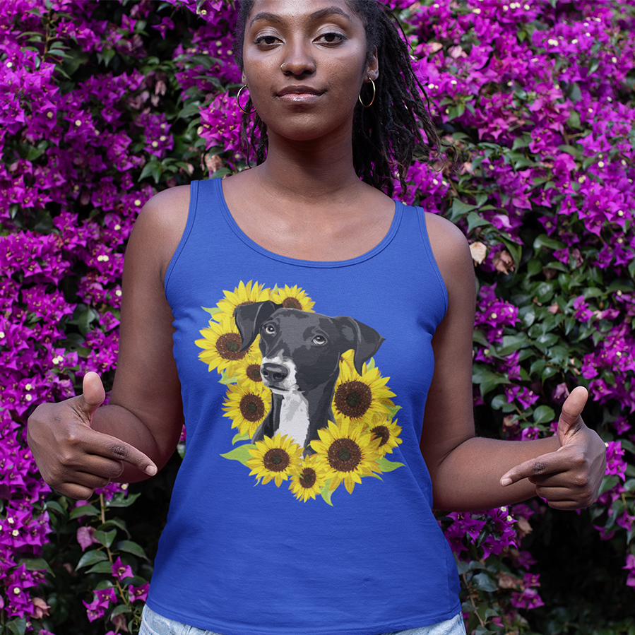 Marley Dog in Sunflowers Women's Racerback Tank Top - Black Lab Dog with Sunflower Art Print