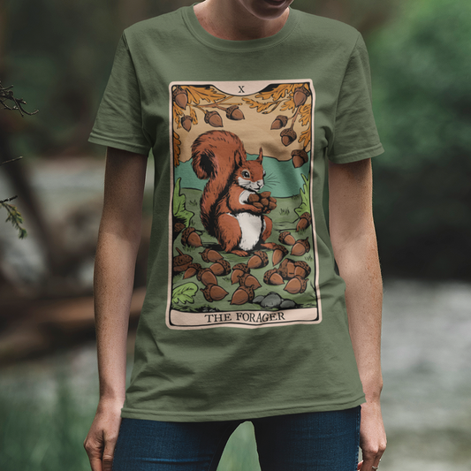 The Forager Squirrel Tarot Card T-shirt Softstyle Tee with Nut Foraging Squirrel Tarot Card Print