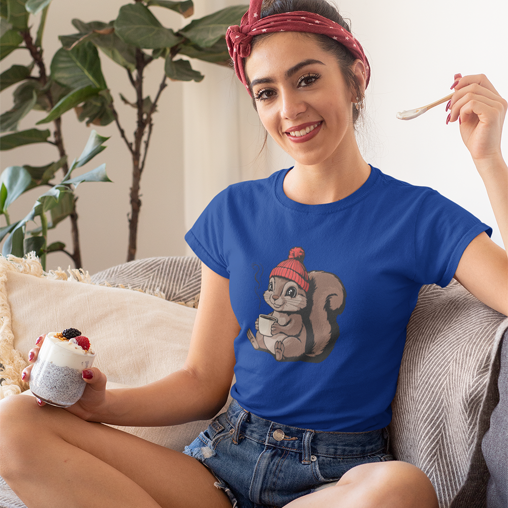 Cozy Squirrel Women's Soft T-shirt Softstyle Tee with Squirrel in Beanie with Cup Of Coffee Graphic Print