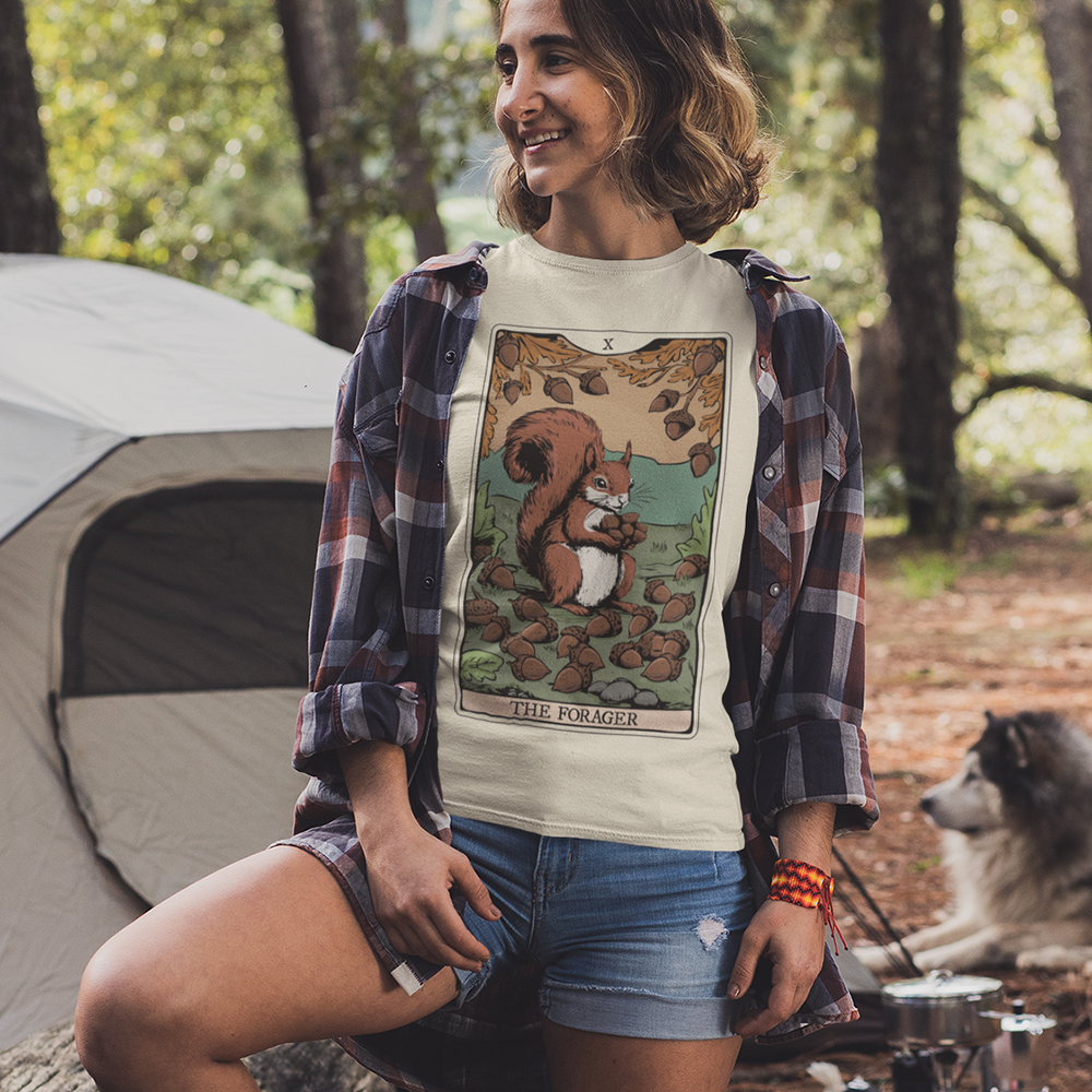 The Forager Squirrel Tarot Card T-shirt Softstyle Graphic Tee with Nut Foraging Squirrels Tarot Card Print