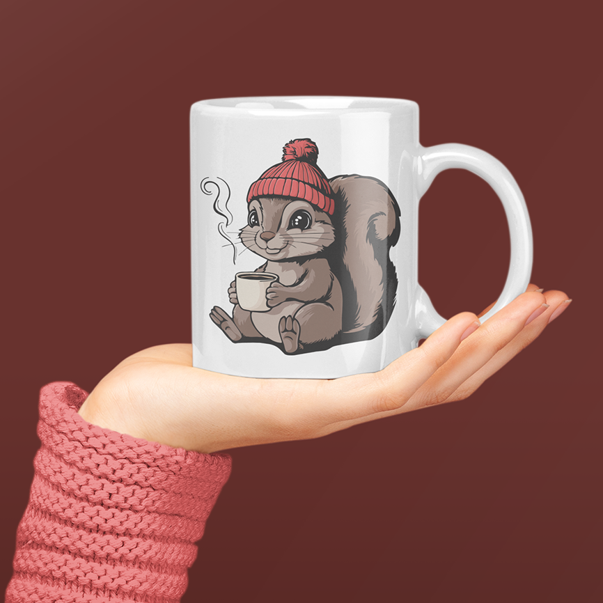 Cozy Squirrel Ceramic Coffee Mug 11oz with Squirrel in Beanie with Cup Of Coffee Graphic Print