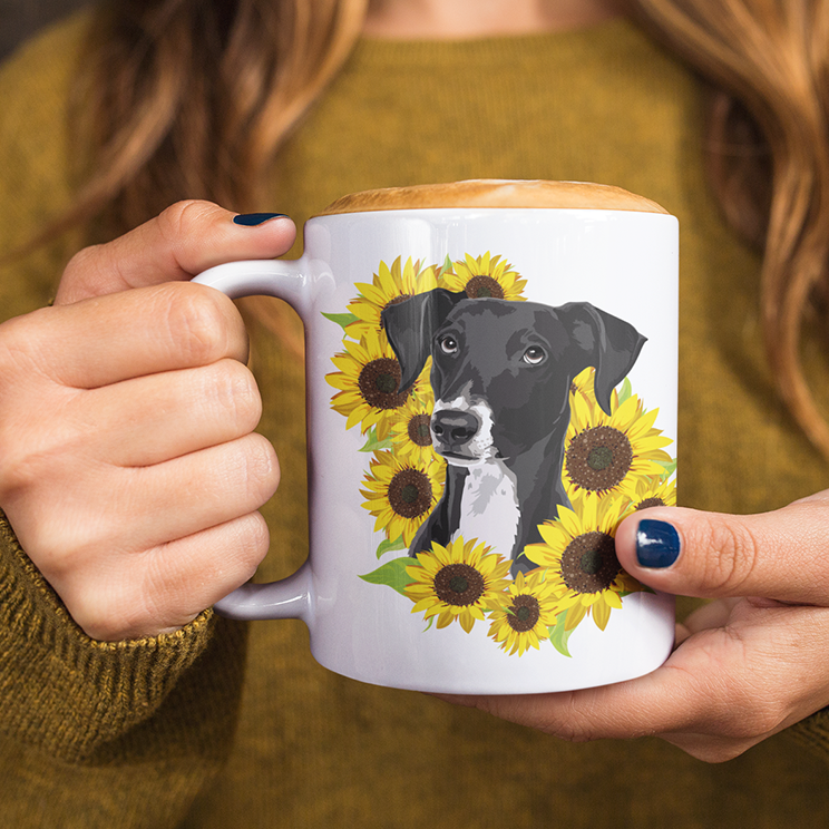 Marley Dog in Sunflowers Ceramic Coffee Mug 11oz - Black Lab Dog with Sunflower Art Print