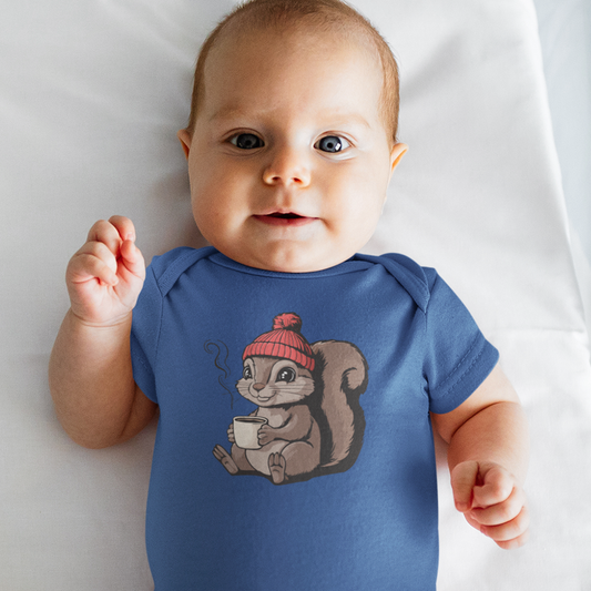 Cozy Squirrel Baby One Piece Infant Fine Jersey Bodysuit with Squirrel in Beanie Print