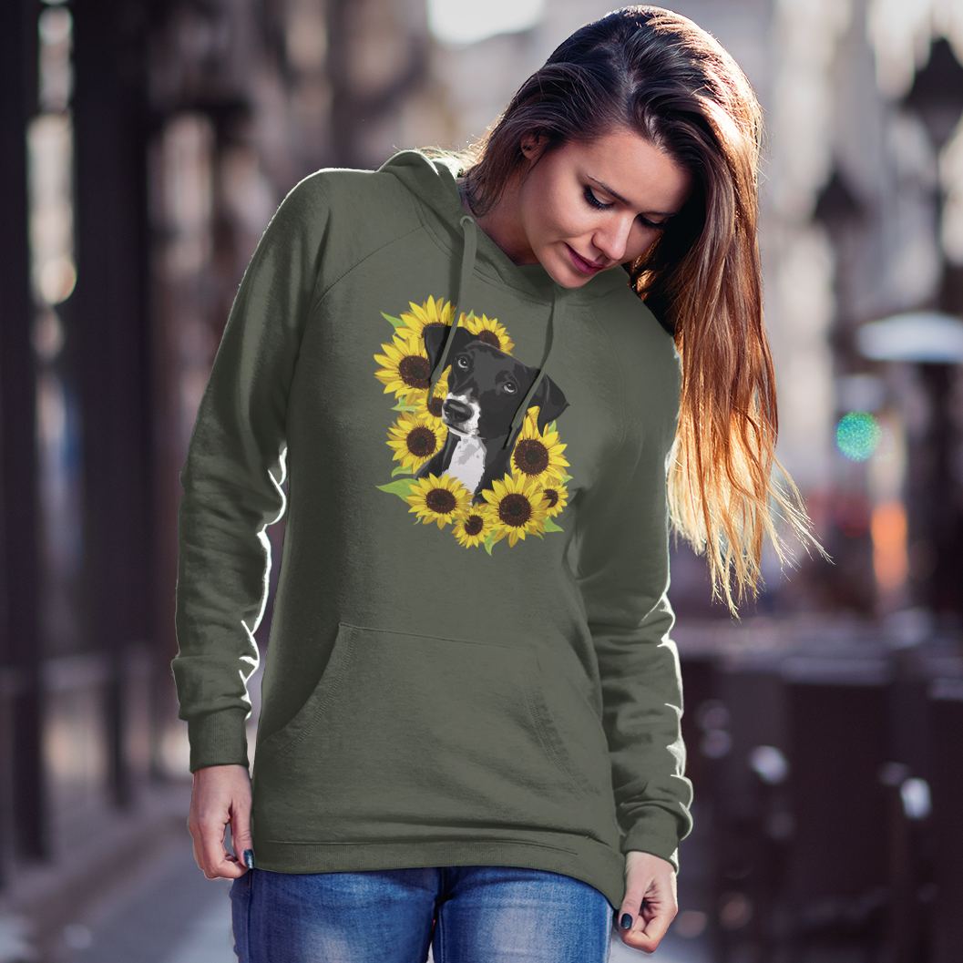 Marley Dog in Sunflowers Pullover Hoodie Hooded Sweatshirt with Black Lab Dog with Sunflower Art Print