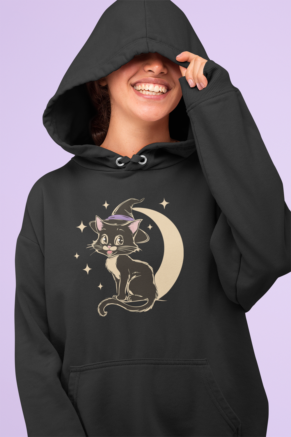 Witchy Kitty Pullover Hoodie Halloween Hooded Sweatshirt with Black Cat with Witch Hat & Crescent Moon Print