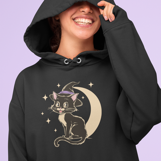 Witchy Kitty Pullover Hoodie Halloween Hooded Sweatshirt with Black Cat with Witch Hat & Crescent Moon Print