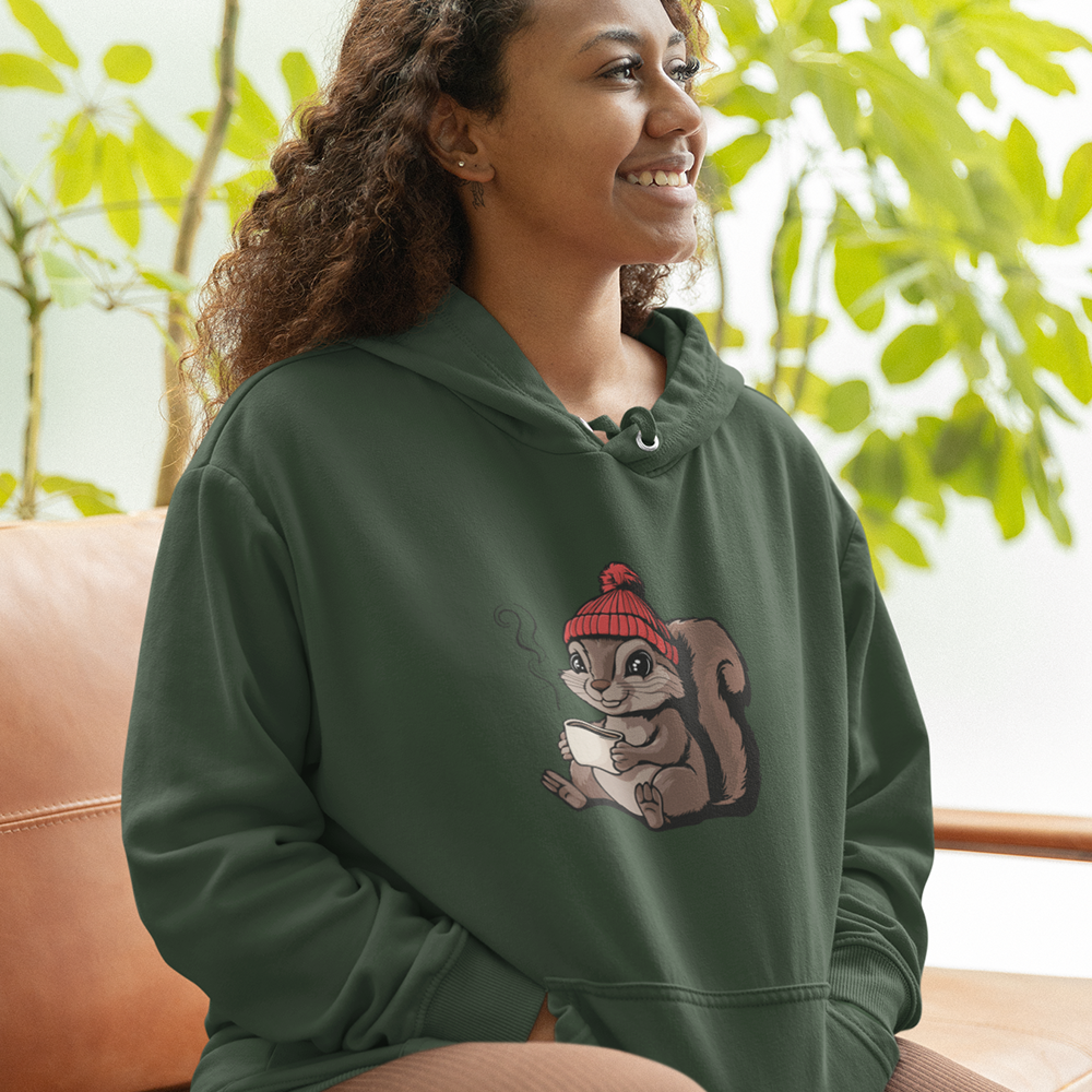 Cozy Squirrel  Pullover Hoodie Unisex Heavy Blend Hooded Sweatshirt with Squirrel in Beanie with Cup Of Coffee Graphic Print