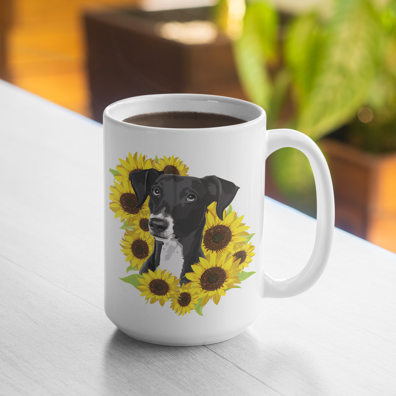 Marley Dog in Sunflowers Ceramic Coffee Mug 11oz - Black Lab Dog with Sunflower Art Print