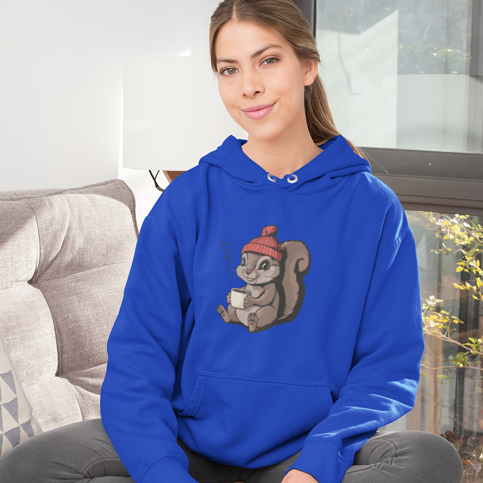 Cozy Squirrel  Pullover Hoodie Unisex Heavy Blend Hooded Sweatshirt with Squirrel in Beanie with Cup Of Coffee Graphic Print