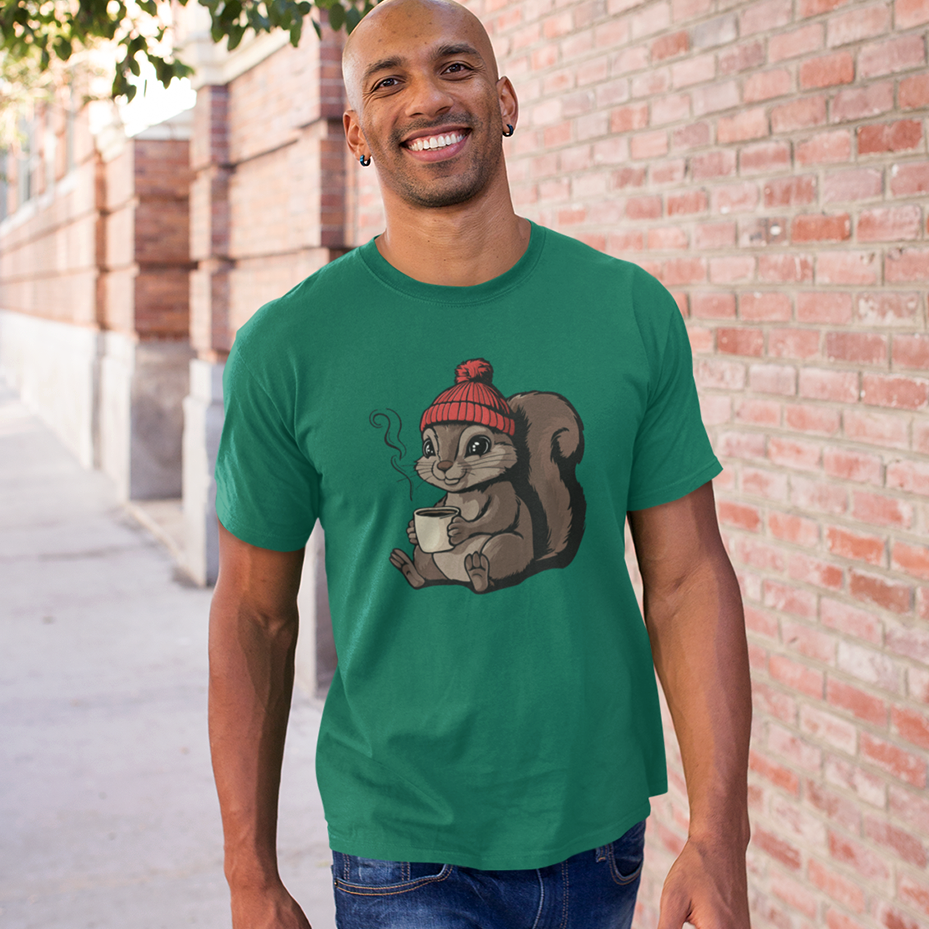 Cozy Squirrel Soft T-shirt Softstyle Tee with Squirrel in Beanie with Cup Of Coffee Graphic Print