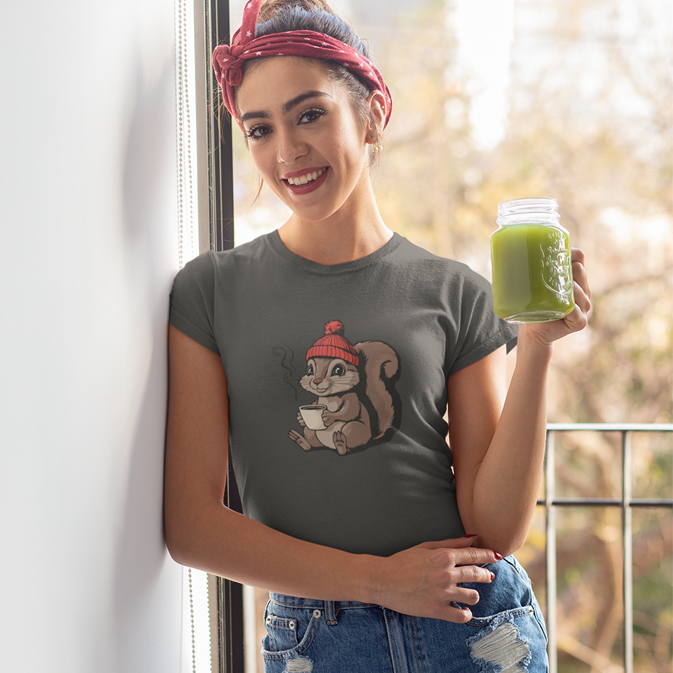 Cozy Squirrel Women's Soft T-shirt Softstyle Tee with Squirrel in Beanie with Cup Of Coffee Graphic Print