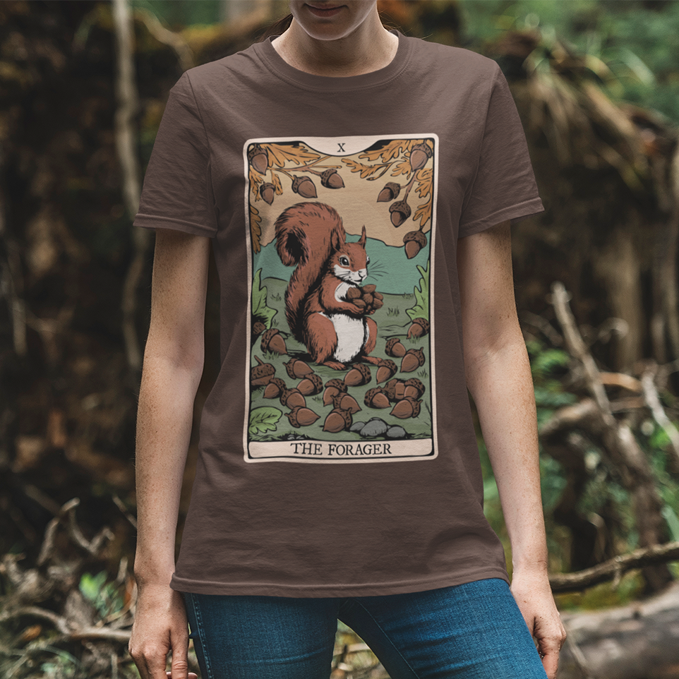 The Forager Squirrel Tarot Card T-shirt Softstyle Tee with Nut Foraging Squirrel Tarot Card Print