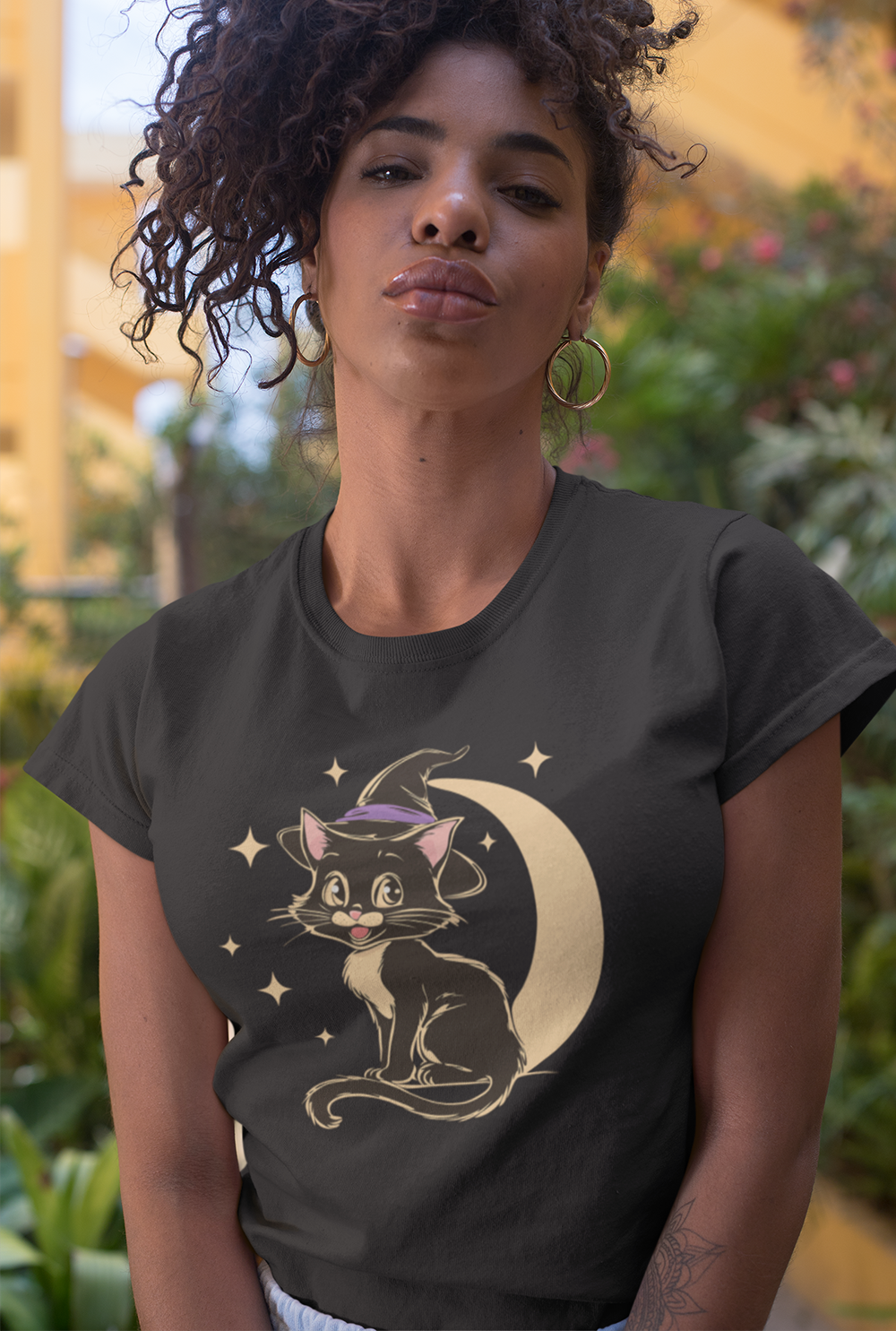 Witchy Kitty Women's Soft T-shirt - Halloween Graphic Tee with Black Cat with Witch Hat & Crescent Moon Print