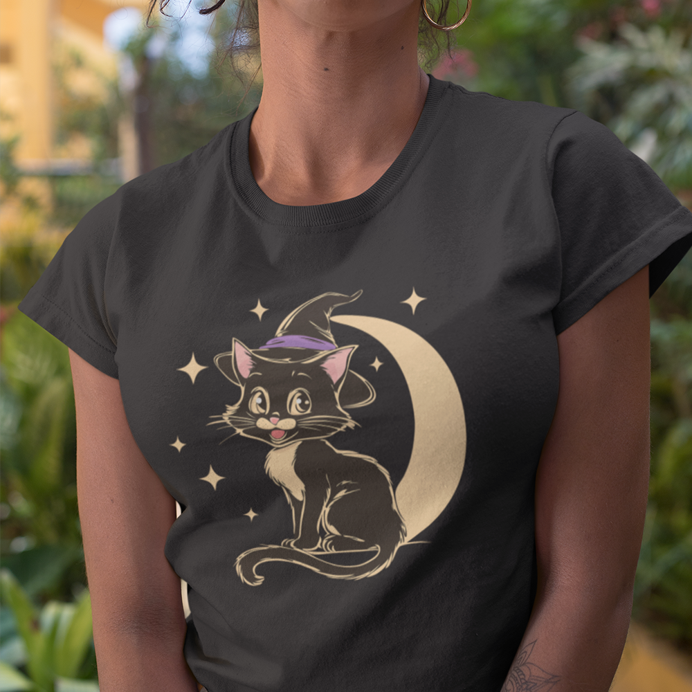 Witchy Kitty Women's Soft T-shirt - Halloween Graphic Tee with Black Cat with Witch Hat & Crescent Moon Print