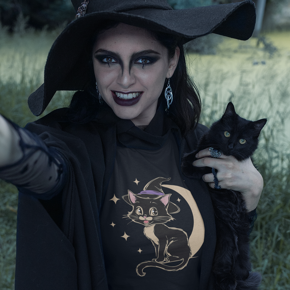 Witchy Kitty Softstyle T-Shirt - Halloween Graphic Tee with Black Cat and Witch Hat with Crescent Moon Print