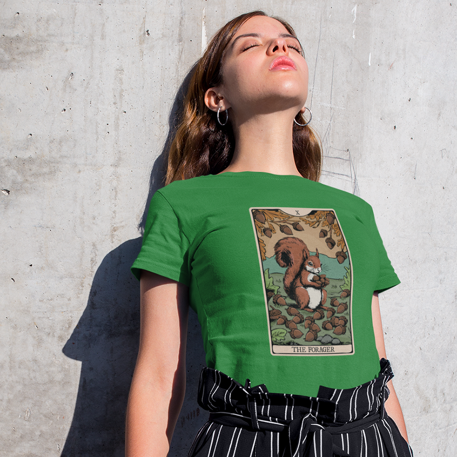 The Forager Squirrel Tarot Card Women's Soft Cotton T-shirt Graphic Tee with Nut Foraging Squirrels Tarot Card Print