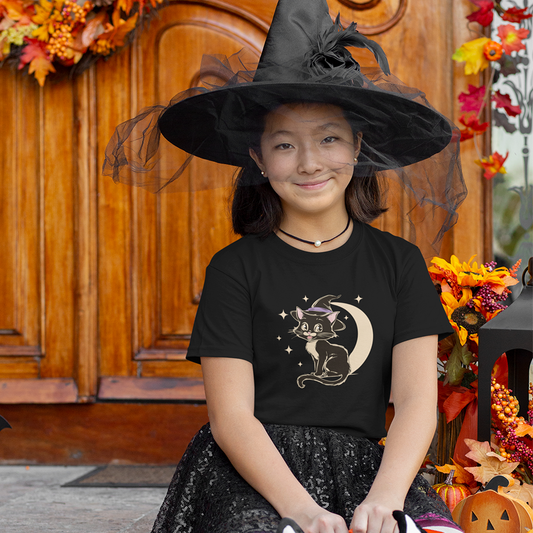 Witchy Kitty Kids T-shirt - Halloween Black Cat with Witch Hat & Moon Print on Children's Tee