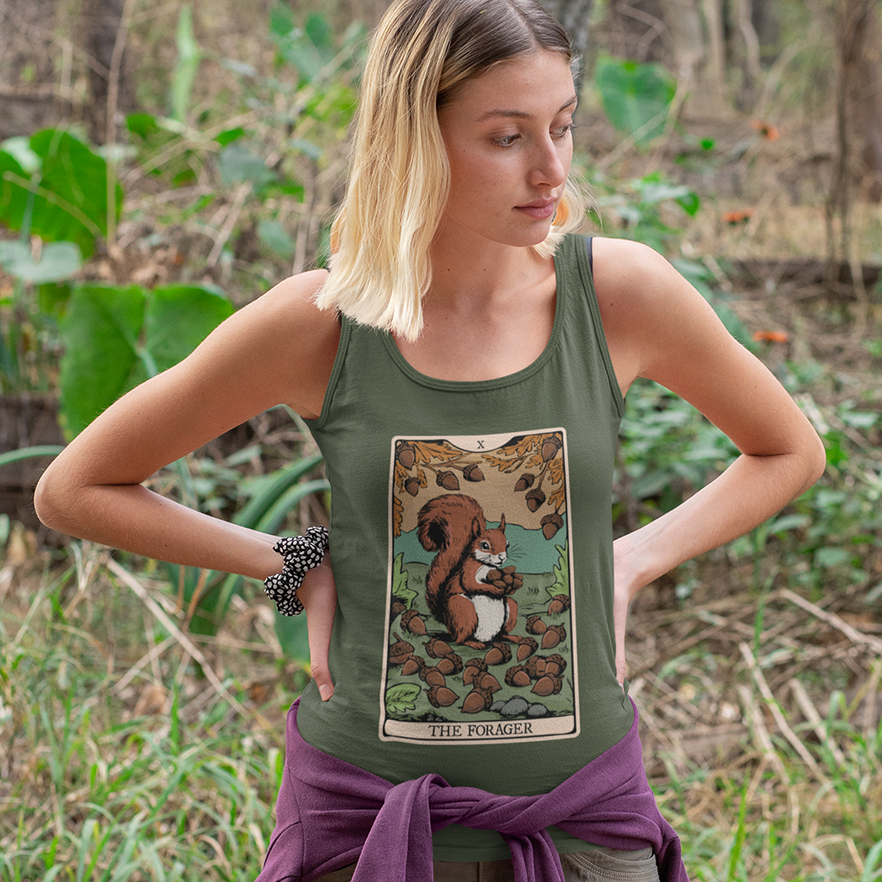 The Forager Squirrel Tarot Card Women's Racerback Tank Top with Nut Foraging Squirrel Tarot Card Print