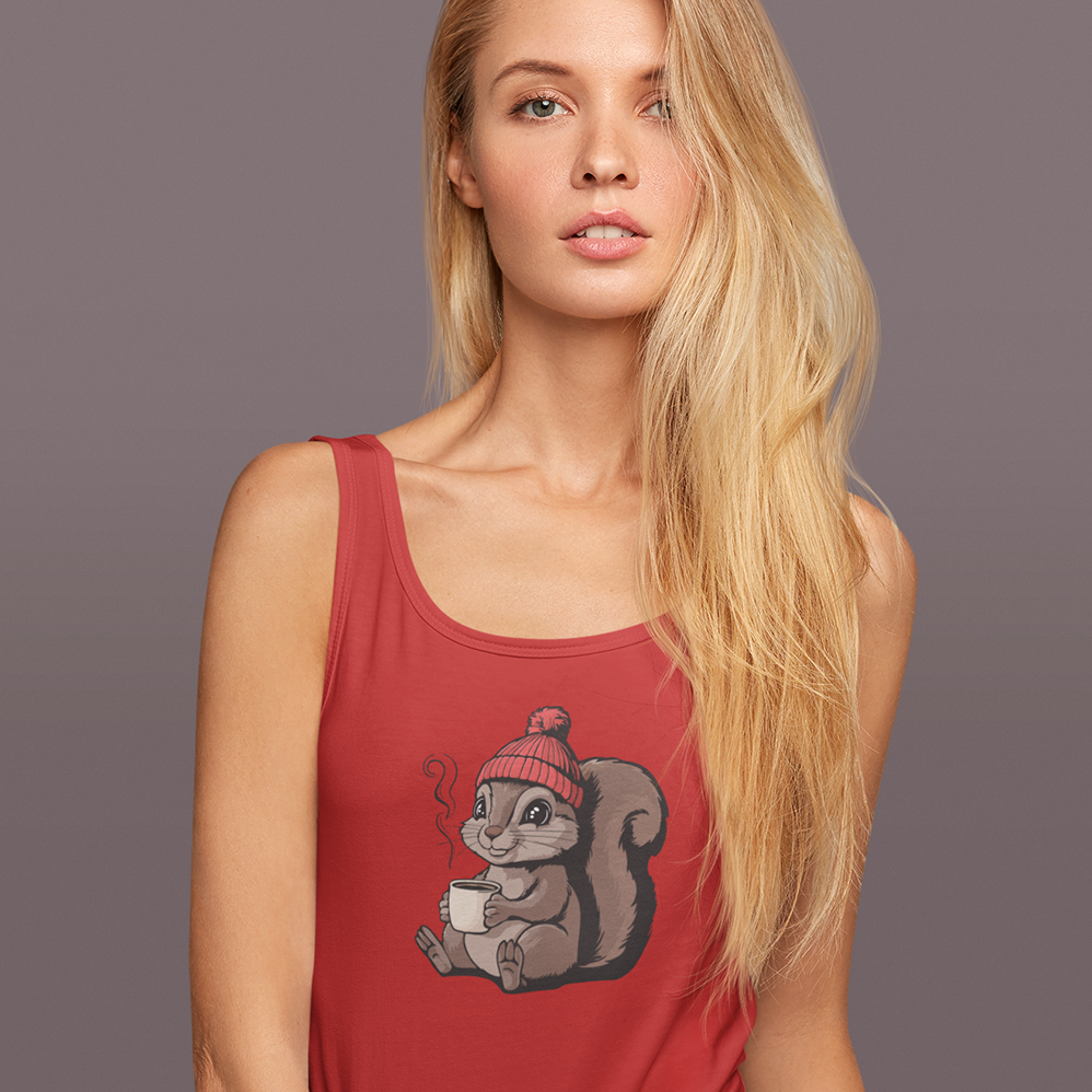 Cozy Squirrel Women's Racerback Tank Top with Squirrel in Beanie with Cup Of Coffee Graphic Print