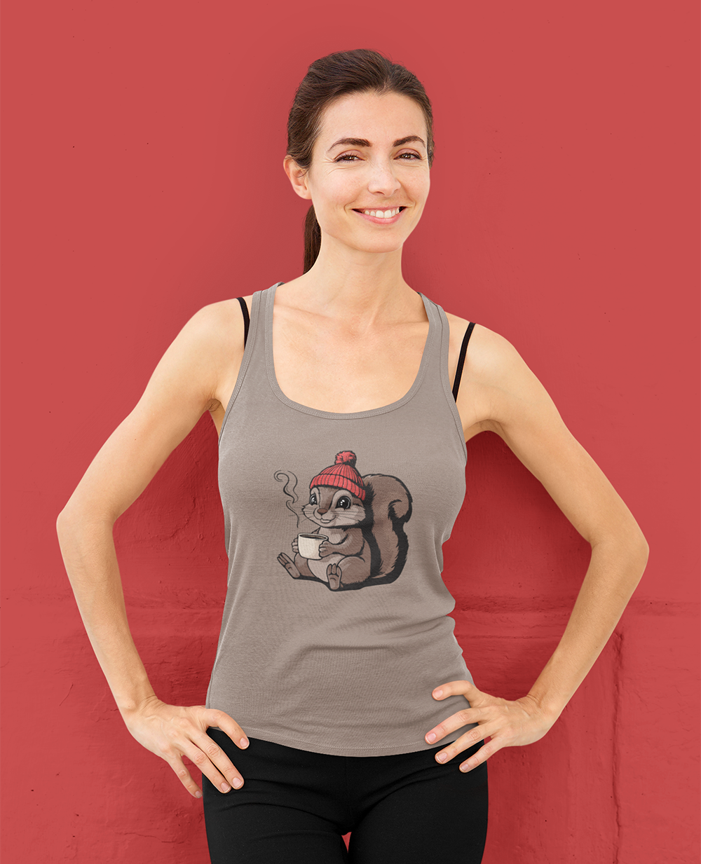 Cozy Squirrel Women's Racerback Tank Top with Squirrel in Beanie with Cup Of Coffee Graphic Print