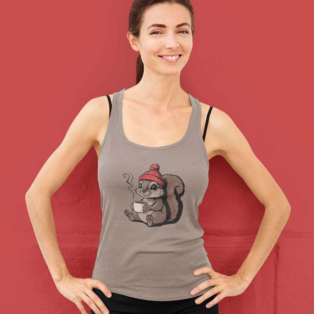 Cozy Squirrel Women's Racerback Tank Top with Squirrel in Beanie with Cup Of Coffee Graphic Print