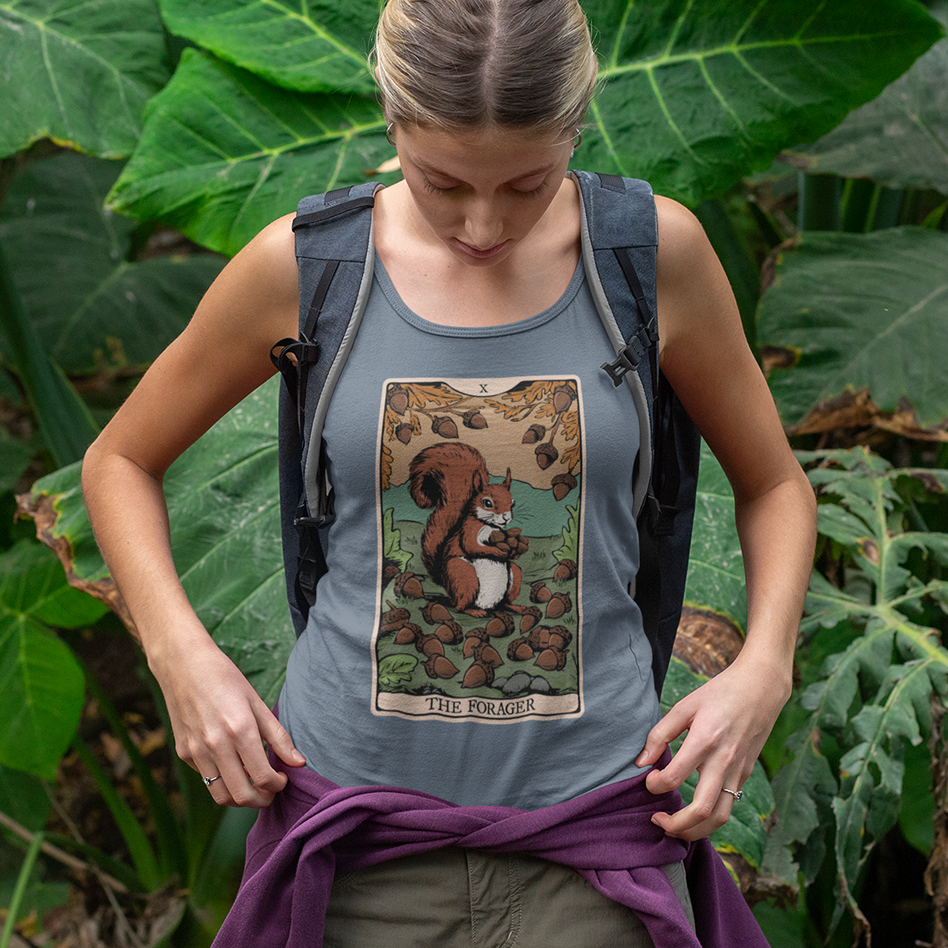 The Forager Squirrel Tarot Card Women's Racerback Tank Top with Nut Foraging Squirrel Tarot Card Print