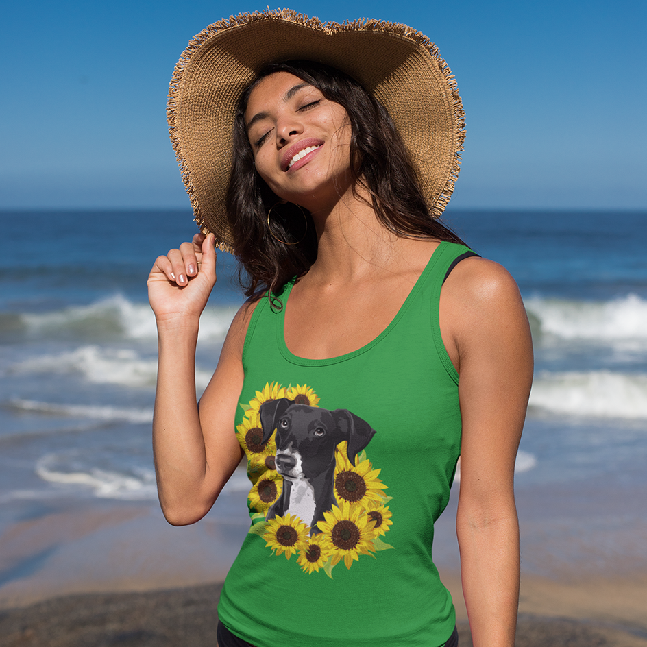 Marley Dog in Sunflowers Women's Racerback Tank Top - Black Lab Dog with Sunflower Art Print