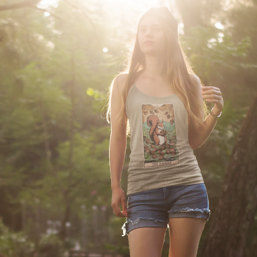 The Forager Squirrel Tarot Card Women's Racerback Tank Top with Nut Foraging Squirrel Tarot Card Print