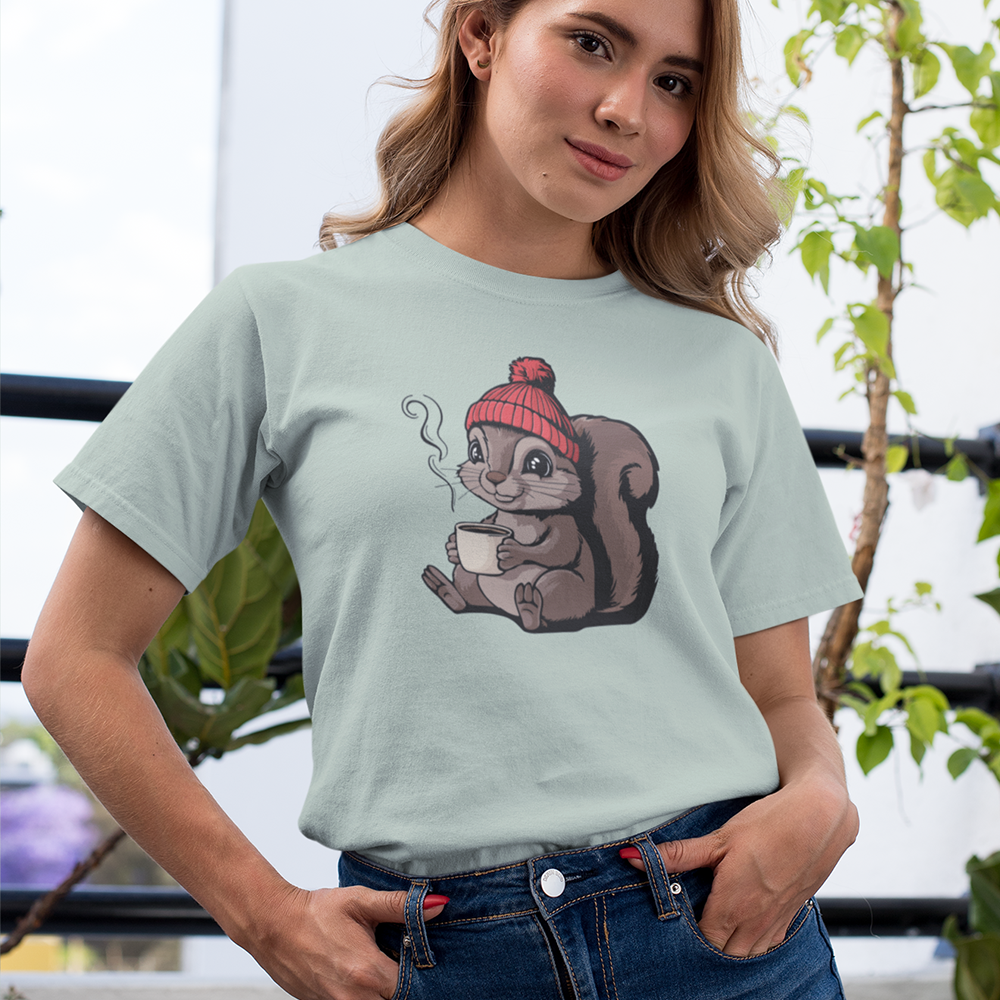 Cozy Squirrel Soft T-shirt Softstyle Tee with Squirrel in Beanie with Cup Of Coffee Graphic Print