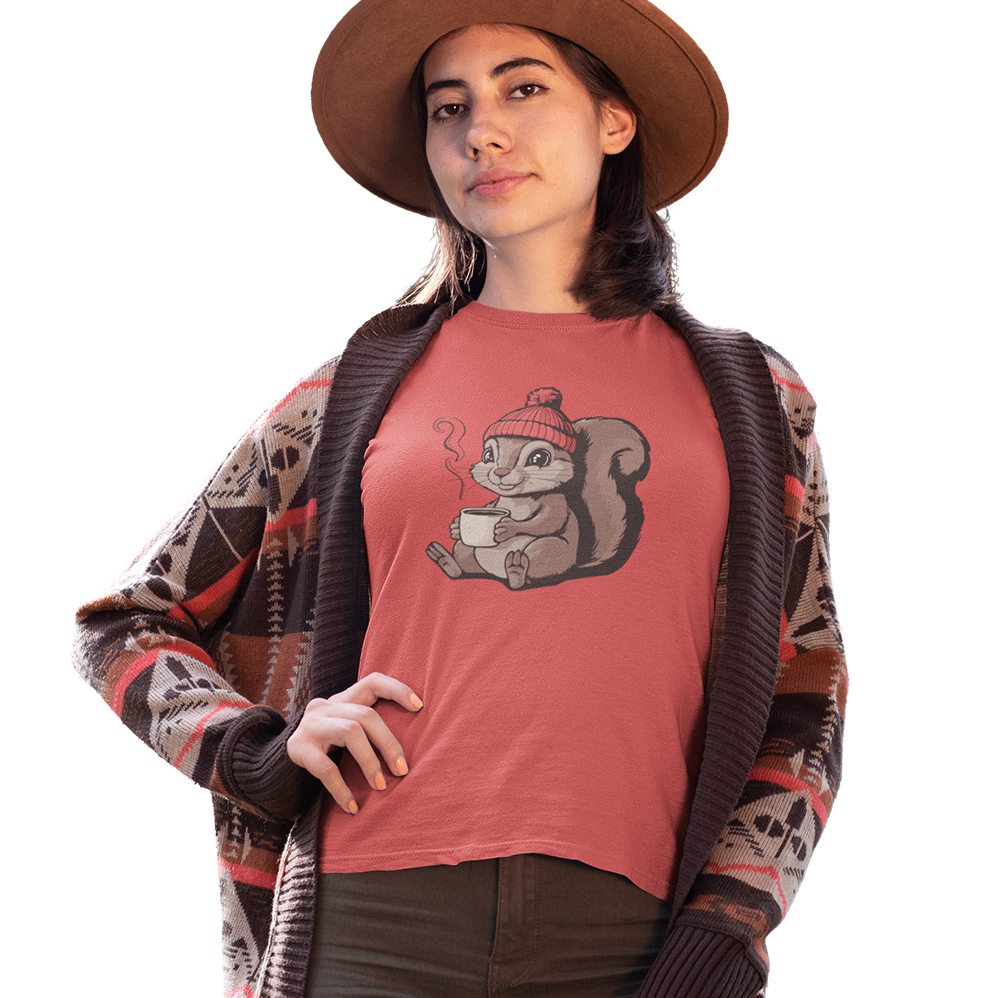 Cozy Squirrel Women's Soft T-shirt Softstyle Tee with Squirrel in Beanie with Cup Of Coffee Graphic Print